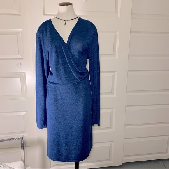 MINIMALIST Blue XL Casual Midi Dress Faux Wrap Long Sleeves V Neck - Picture 4 of 10